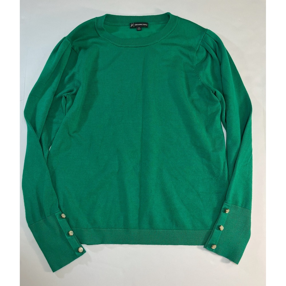 Adrianna Papell‎ Green Puff Sleeve Button Cuff Sweater M Preppy Minimalist Bold